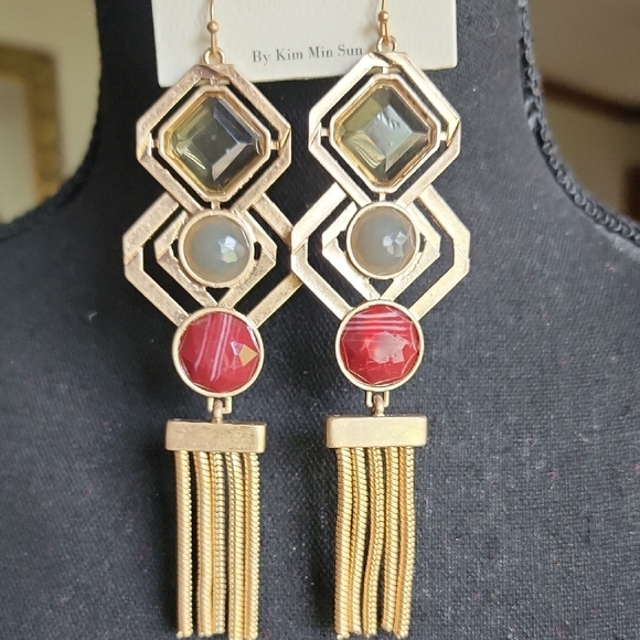 MIA Gold Red Geometric Tassel Earrings - Picture 2 of 5